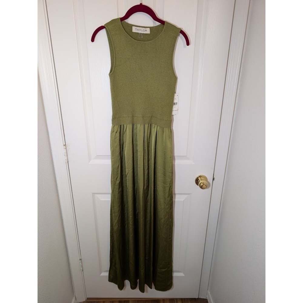 Taylor Mixed Media Olive Green‎ Sleeveless Maxi Dress Knit Top New Size S - Picture 2 of 7